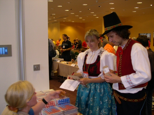 Dagmar and Vaclav exchanging at Kate's 'Prague Czecherboard' table