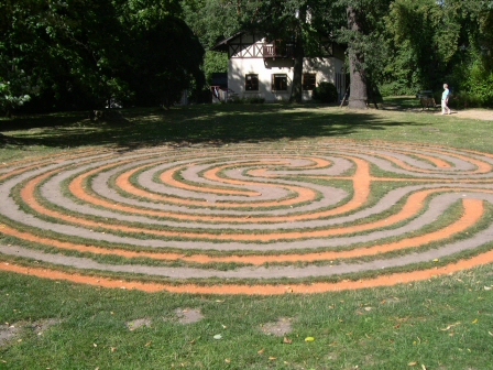 Classic labyrinth pattern in colorful pavement