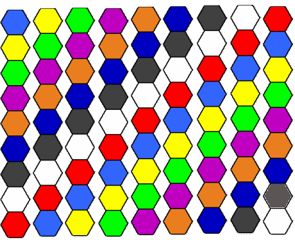 81 hexagons, 9 each of 9 colors